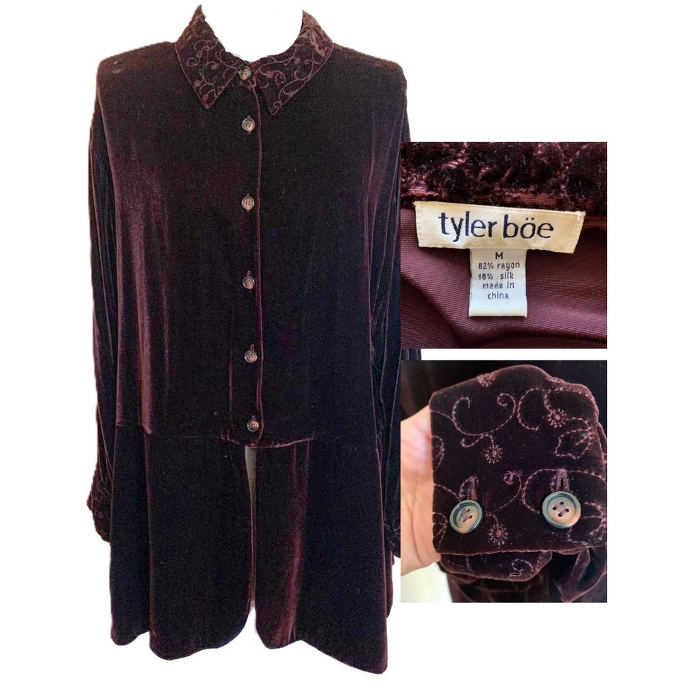 Tyler Boe Burgundy Silk Blend Velvet Embroidered Collar Button Down Tunic Top M